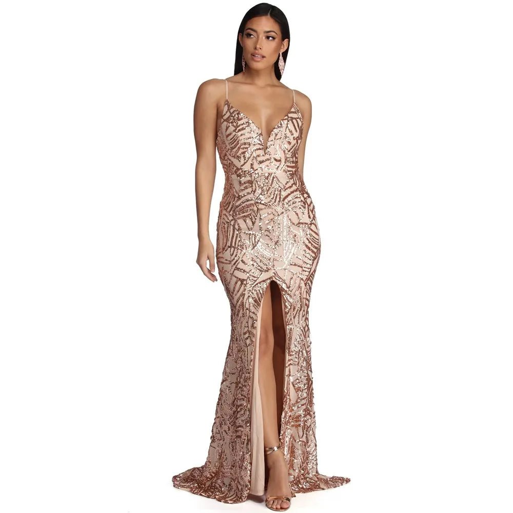 Gold Sequined High Slit Mermaid Dress