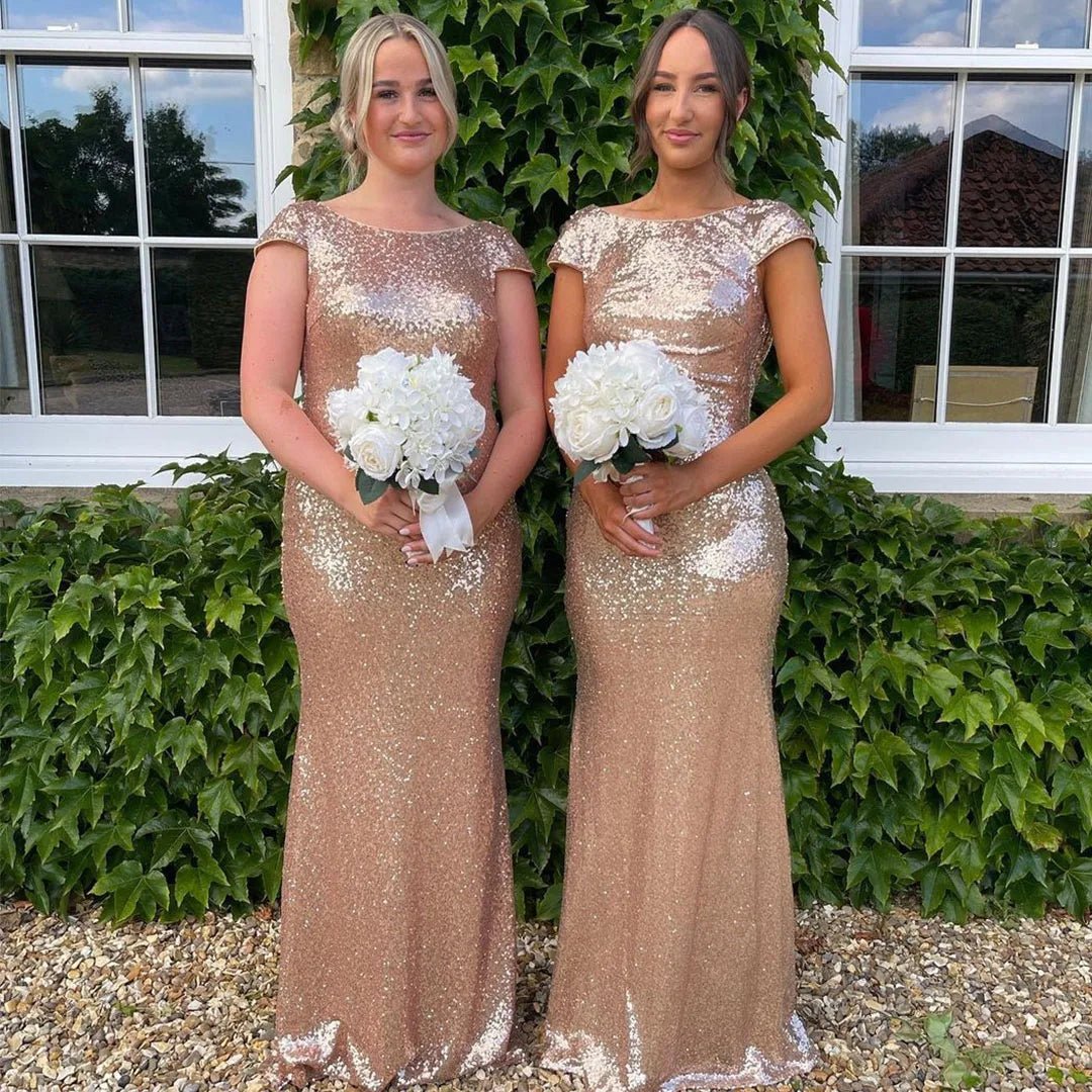 Gold Sequins Cap Sleeve Bridesmaid Dresses