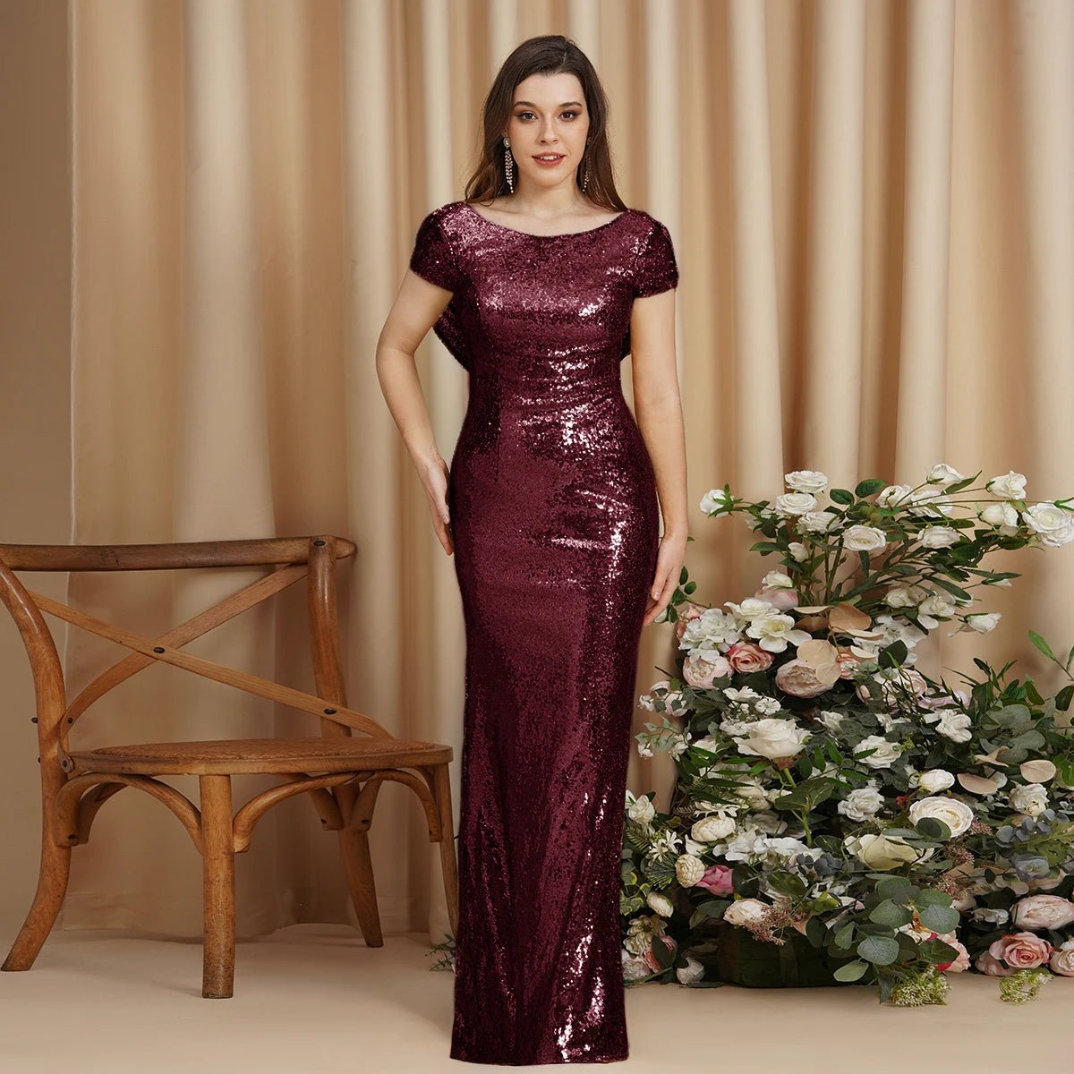 Burgundy Gold Sequins Cap Sleeve Bridesmaid Dresses 2