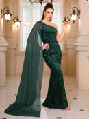 Dark Green Green One Shoulder Sleeveless Sequin Prom Dress With Shawl XL