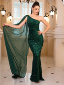 Dark Green Green One Shoulder Sleeveless Sequin Prom Dress With Shawl XL