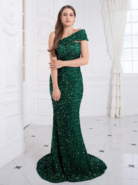 Green Green One Shoulder Stretch Sequin Evening Prom Gown S