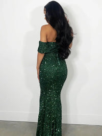 Green Green One Shoulder Stretch Sequin Evening Prom Gown S