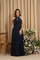 Navy Blue Halter Neck Beaded Bodice A - Line Bridesmaid Dress 2