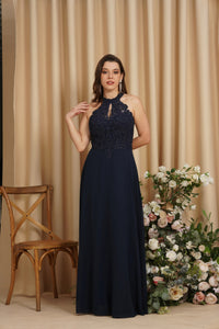 Navy Blue Halter Neck Beaded Bodice A - Line Bridesmaid Dress 2