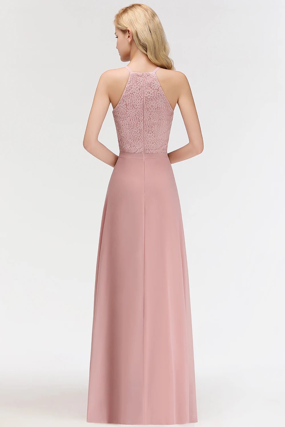 Halter Neck Floral Lace Appliques Chiffon Bridesmaid Dress