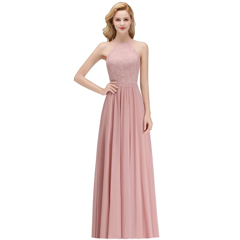 Dusty Pink Halter Neck Floral Lace Appliques Chiffon Bridesmaid Dress 2