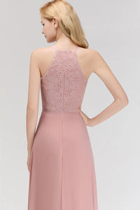 Dusty Pink Halter Neck Floral Lace Appliques Chiffon Bridesmaid Dress 2