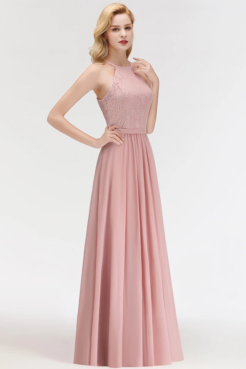 Dusty Pink Halter Neck Floral Lace Appliques Chiffon Bridesmaid Dress 2