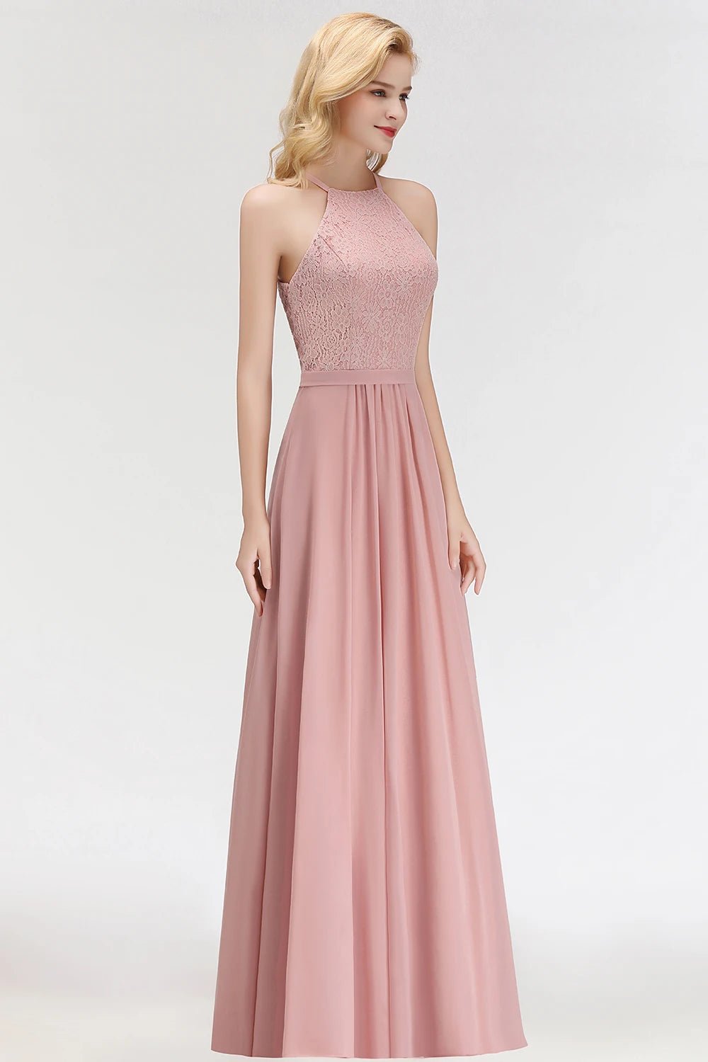 Dusty Pink Halter Neck Floral Lace Appliques Chiffon Bridesmaid Dress 2