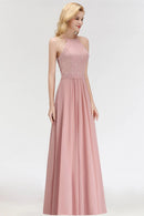 Dusty Pink Halter Neck Floral Lace Appliques Chiffon Bridesmaid Dress 2