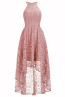 a pink lace dress with a high neck