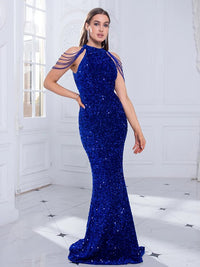 Royal Blue Halter Stretch Sequin Mermaid Prom Party Dress L