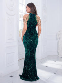 Emerald Green Halter Stretch Sequin Mermaid Prom Party Dress S