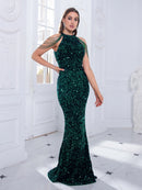 Emerald Green Halter Stretch Sequin Mermaid Prom Party Dress L