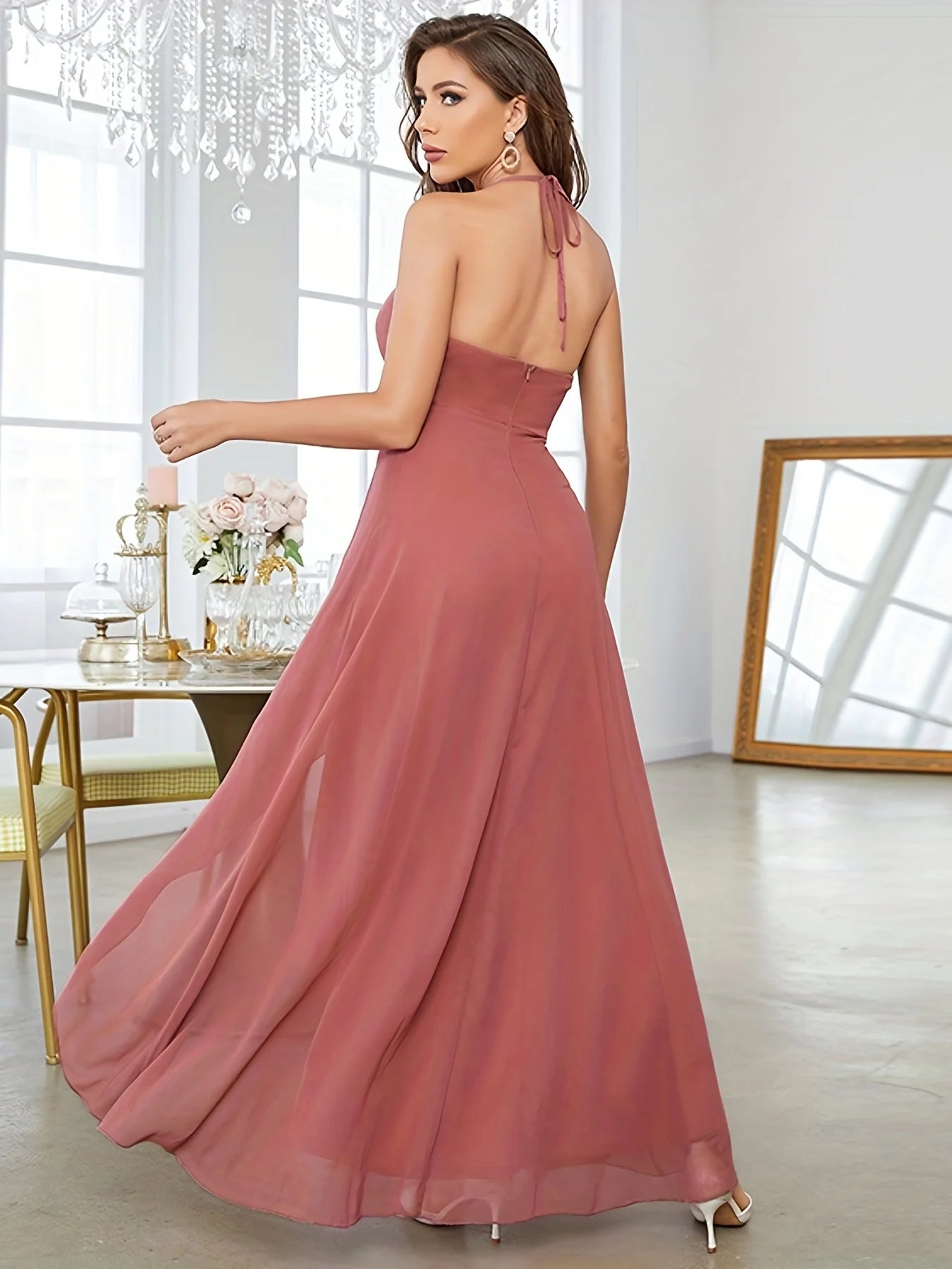 Dusty Rose Halter V - neck Asymmetrical Chiffon Bridesmaid Dress XL