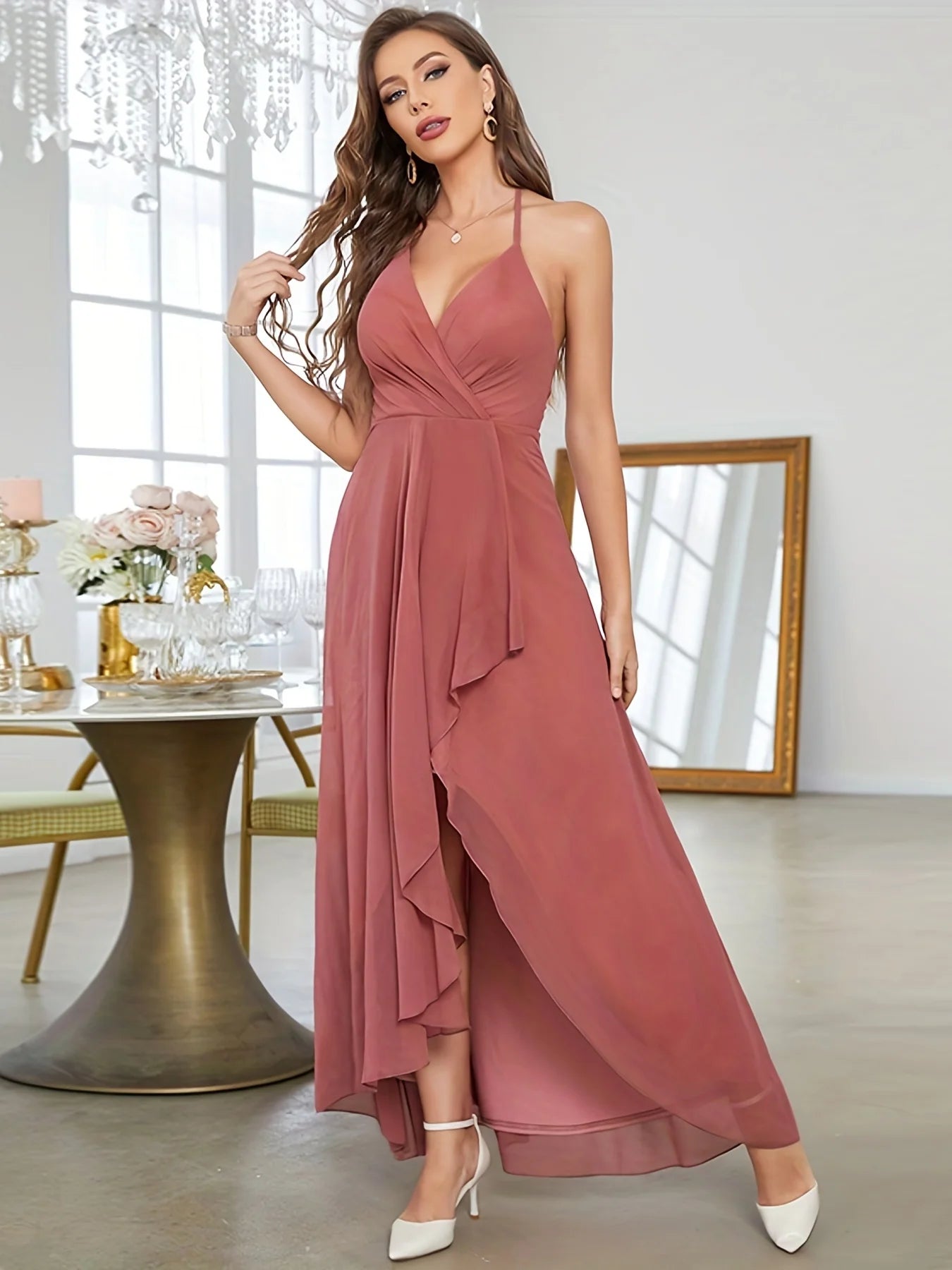 Dusty Rose Halter V - neck Asymmetrical Chiffon Bridesmaid Dress XL