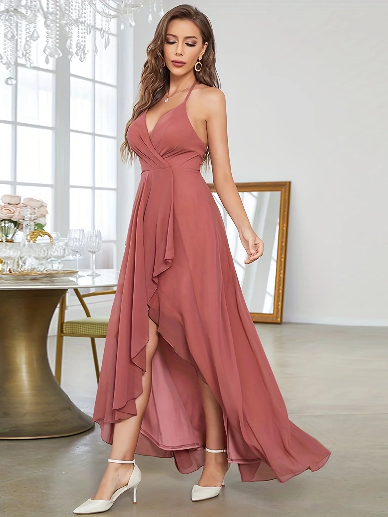 Dusty Rose Halter V - neck Asymmetrical Chiffon Bridesmaid Dress XL