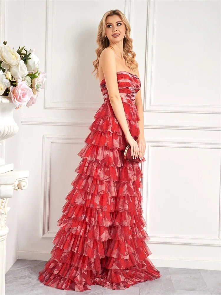 Red Haute Couture Strapless Chiffon Prom Dress S