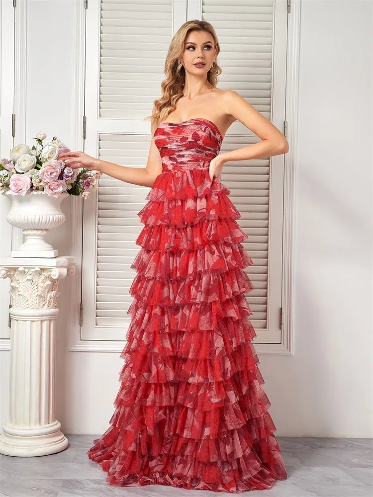 Red Haute Couture Strapless Chiffon Prom Dress S