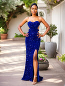 Royal Blue High Split Velvet Sequin Strapless Prom Dress XS