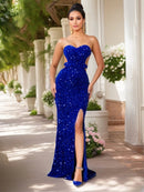 Royal Blue High Split Velvet Sequin Strapless Prom Dress XS