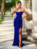 Royal Blue High Split Velvet Sequin Strapless Prom Dress XS