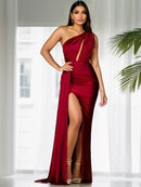 Burgundy one-shoulder mermaid satin bridesmaid dress with slit