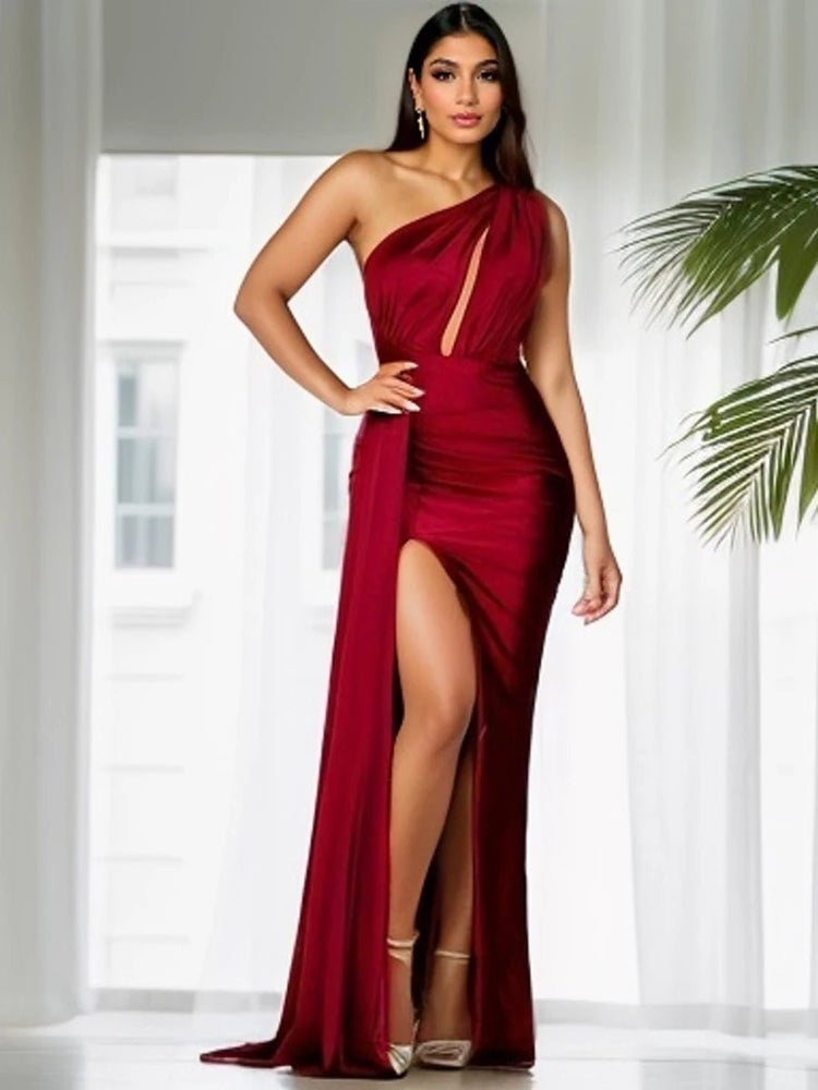 Hollow Out One Shoulder Mermaid Satin Bridesmaid Dress