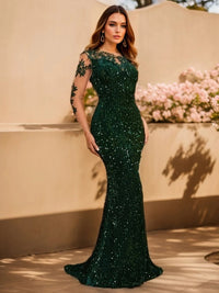 Dark Green Illusion Long Sleeve Sequin Wedding Party Dress XL