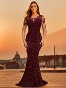 Burgundy Illusion Long Sleeve Sequin Wedding Party Dress M