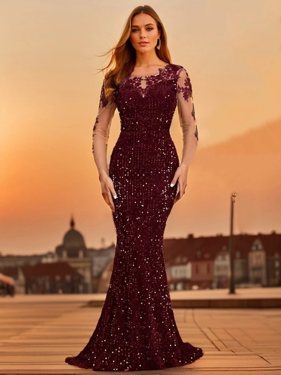 Burgundy Illusion Long Sleeve Sequin Wedding Party Dress M