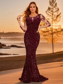 Burgundy Illusion Long Sleeve Sequin Wedding Party Dress M