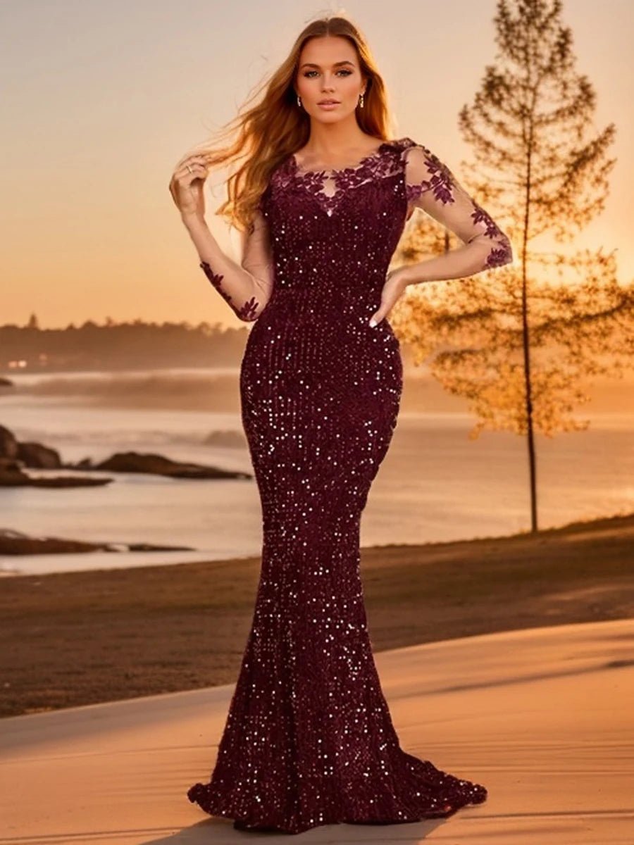 Illusion Long Sleeve Sequin Wedding Party Dress