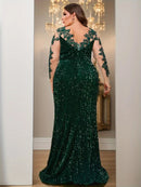 Dark Green Illusion Sleeve Stretch Sequin Mermaid Prom Dress Plus Size XL