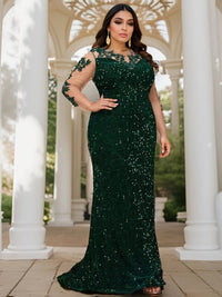 Dark Green Illusion Sleeve Stretch Sequin Mermaid Prom Dress Plus Size XL