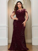 Burgundy Illusion Sleeve Stretch Sequin Mermaid Prom Dress Plus Size XL