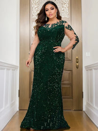 Dark Green Illusion Sleeve Stretch Sequin Mermaid Prom Dress Plus Size XL