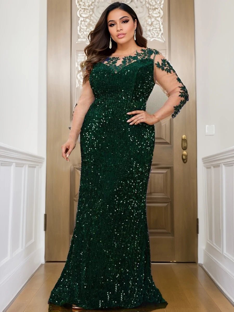 Illusion Sleeve Stretch Sequin Mermaid Prom Dress Plus Size