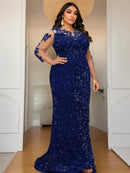 Royal Blue Illusion Sleeve Stretch Sequin Mermaid Prom Dress Plus Size XL