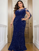 Royal Blue Illusion Sleeve Stretch Sequin Mermaid Prom Dress Plus Size XL