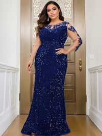 Royal Blue Illusion Sleeve Stretch Sequin Mermaid Prom Dress Plus Size XL