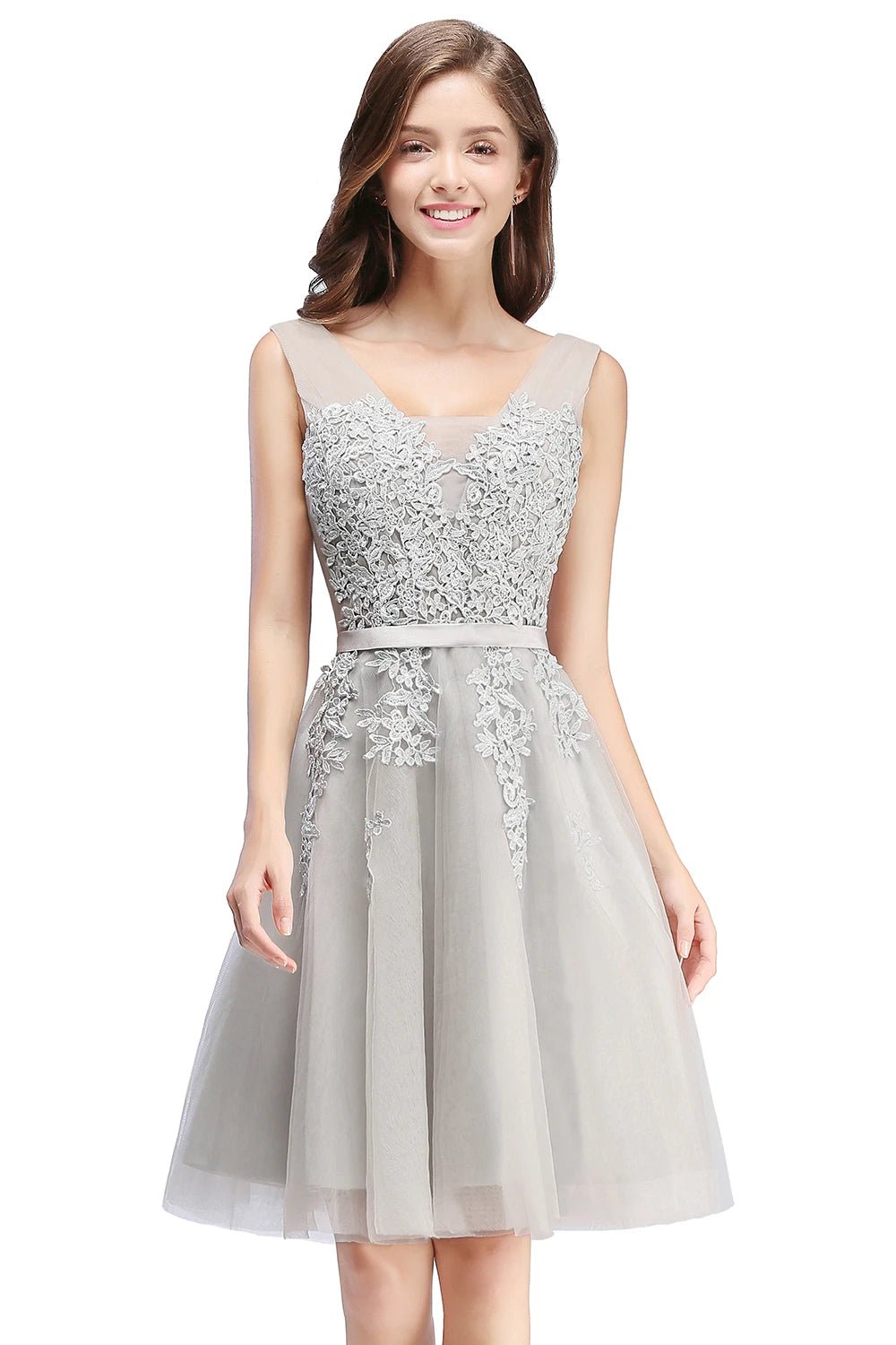 Lace Applique Knee Length Tulle Bridesmaid Dress