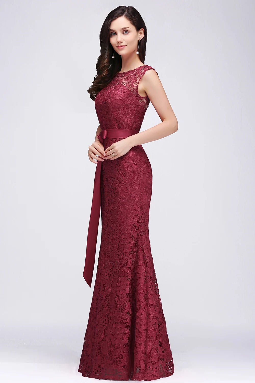 Burgundy Lace Embroidered Mermaid Bridesmaid Dress With Belt 2