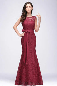 Burgundy Lace Embroidered Mermaid Bridesmaid Dress With Belt 2