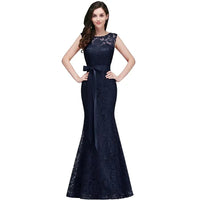 Navy Blue Lace Embroidered Mermaid Bridesmaid Dress With Belt 2