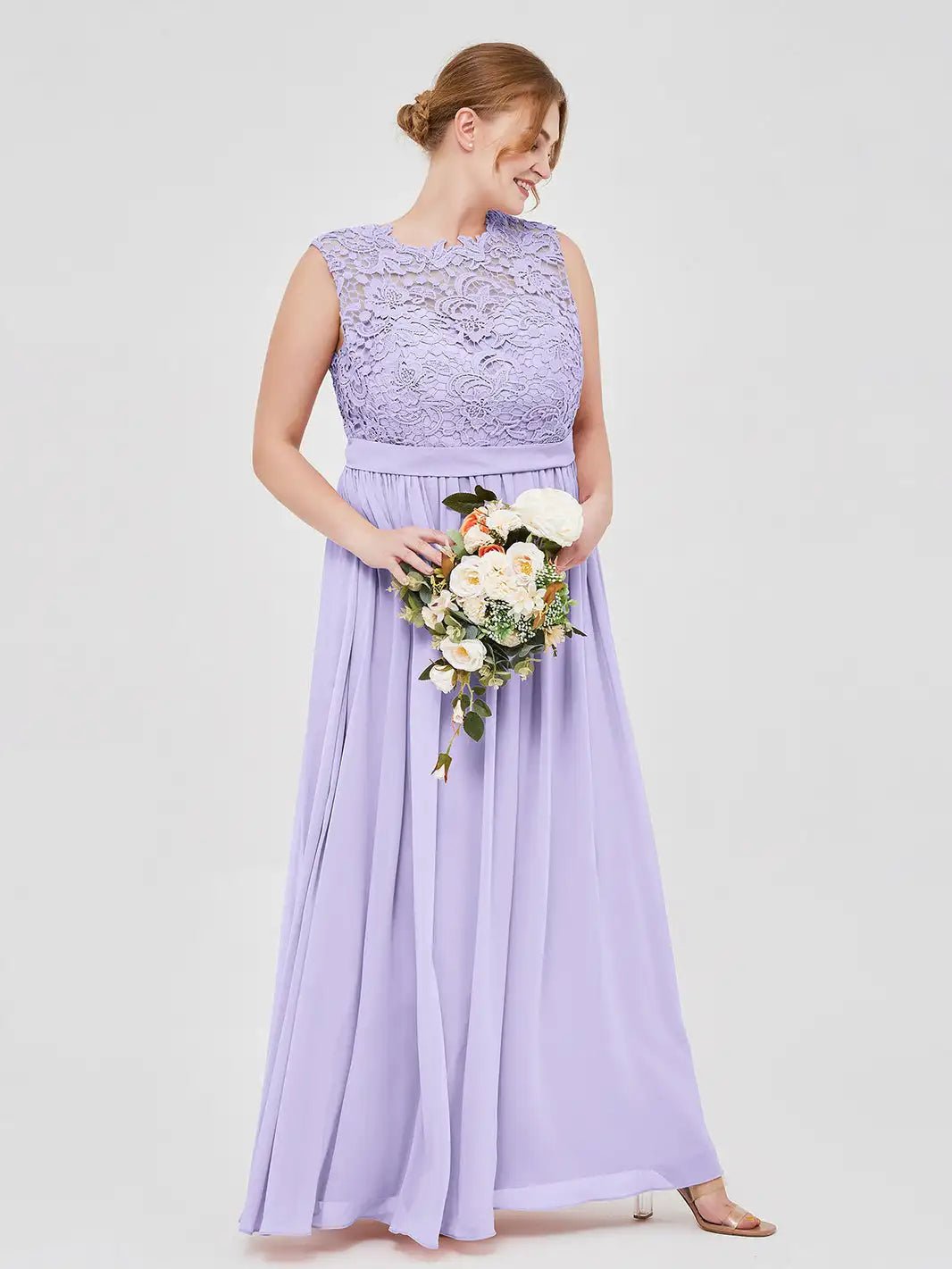 Lace Floral Bodice Lilac Chiffon Bridesmaid Dress