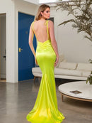 Back view of yellow satin mermaid dress with lace-up design