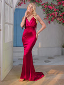 Red satin mermaid dress with spaghetti straps in garden