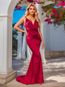 Red satin mermaid dress with V-neck under archway